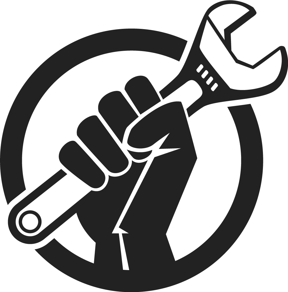 A clipart style drawing showing an outline of a raised fist holds a wrench.